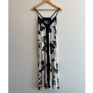 Sandro Ferrone Roma Resort Midi Dress 42 Black White Tropical Monstera Leaf